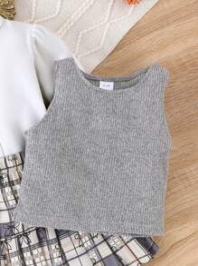 Bộ 3 áo sơ mi dài tay + áo vest + váy phong cách học sinh thanh lịch cho bé gái, mùa thu/đông - Xám - Xem 7