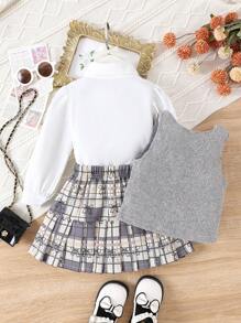 Bộ 3 áo sơ mi dài tay + áo vest + váy phong cách học sinh thanh lịch cho bé gái, mùa thu/đông - Xám - Xem 2