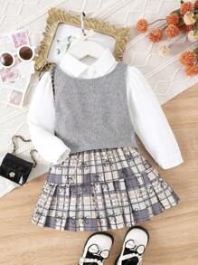 Bộ 3 áo sơ mi dài tay + áo vest + váy phong cách học sinh thanh lịch cho bé gái, mùa thu/đông - Xám - Xem 1