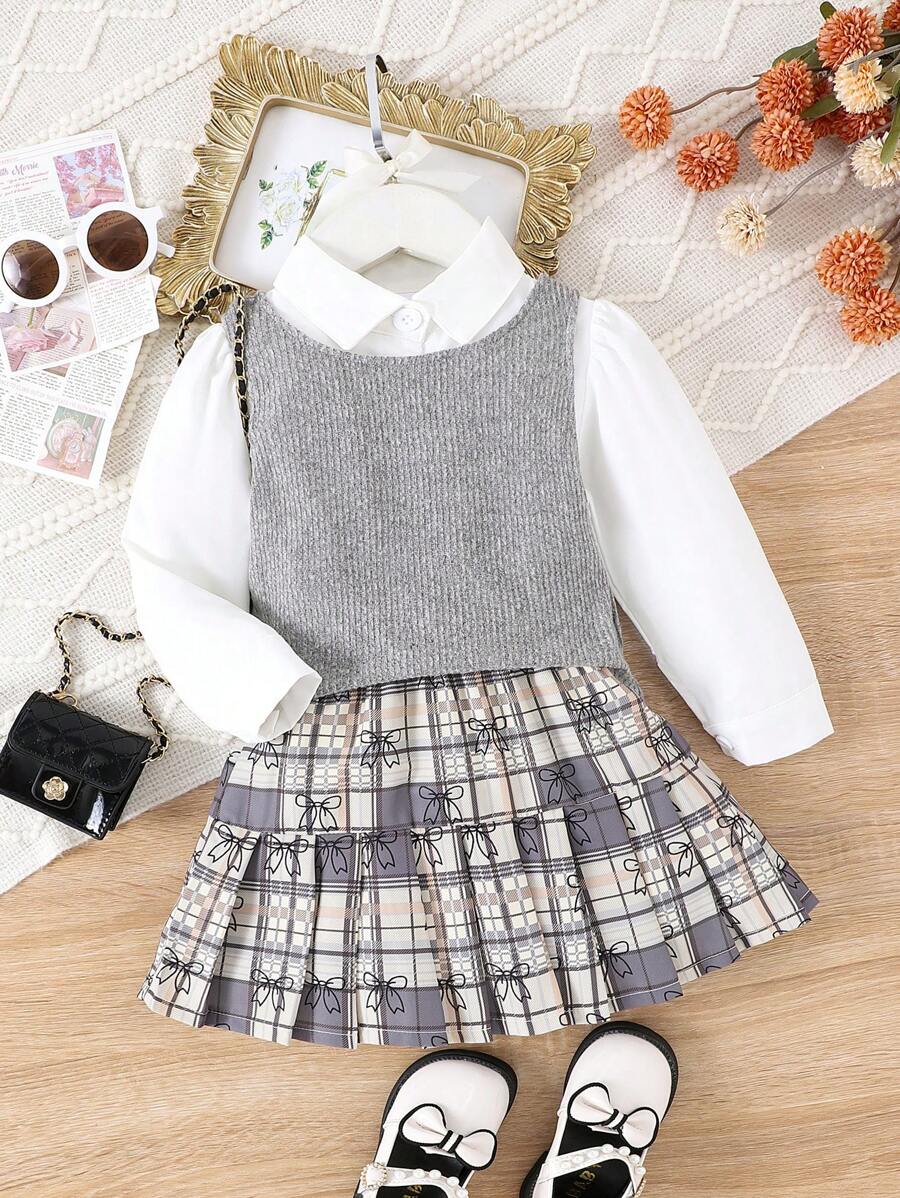 Bộ 3 áo sơ mi dài tay + áo vest + váy phong cách học sinh thanh lịch cho bé gái, mùa thu/đông - Xám - Xem 1