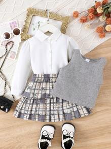 Bộ 3 áo sơ mi dài tay + áo vest + váy phong cách học sinh thanh lịch cho bé gái, mùa thu/đông - Xám - Xem 3