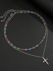 2 Stücke Herren Vintage Punk Kreuzanhänger Halskette mit Strass Kette, passend als Urlaubsgeschenk (zufällige Diamantfarbe und -position)
