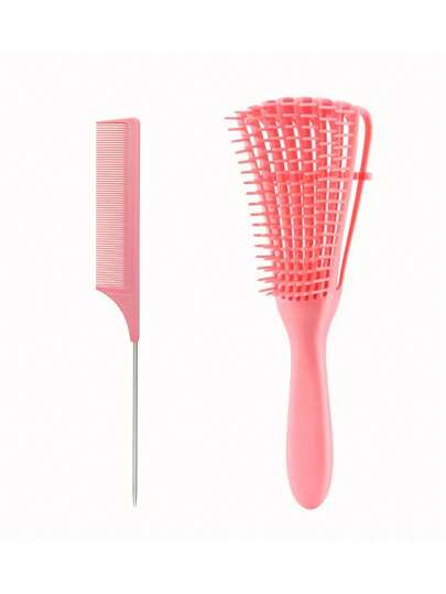 2pcs Pink Plastic Tail Comb, 8-Tooth Comb, Highlighting Comb, Hair Styling Tool, Suitable For Home And Salon Use Hair Tool Kit