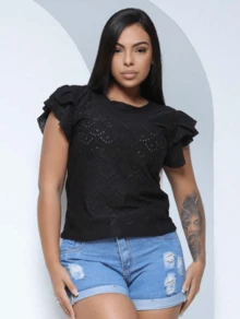 Women's Fashion Double Ruffle Sleeve Detailed Blouse - 黑色 - 查看 1