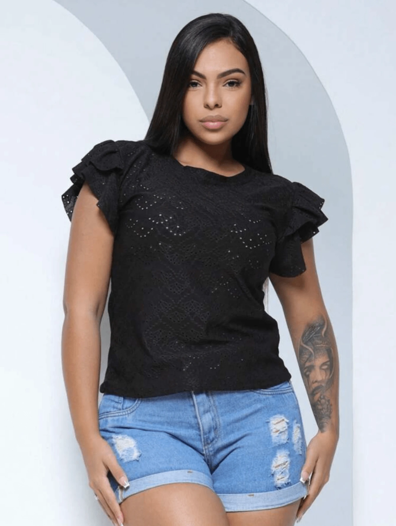 Women's Fashion Double Ruffle Sleeve Detailed Blouse - 黑色 - 查看 1