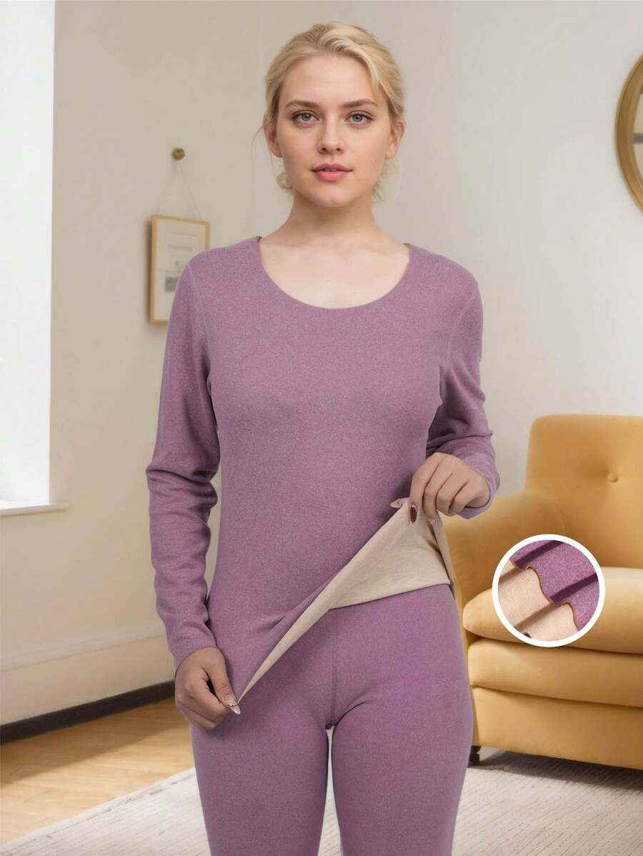 1 Set Medium Thickness Knitted Wool & Silk Thermal Seamless Base Layer Set For Women, Warm And Cozy For Autumn/Winter/Spring - Purple - View 1
