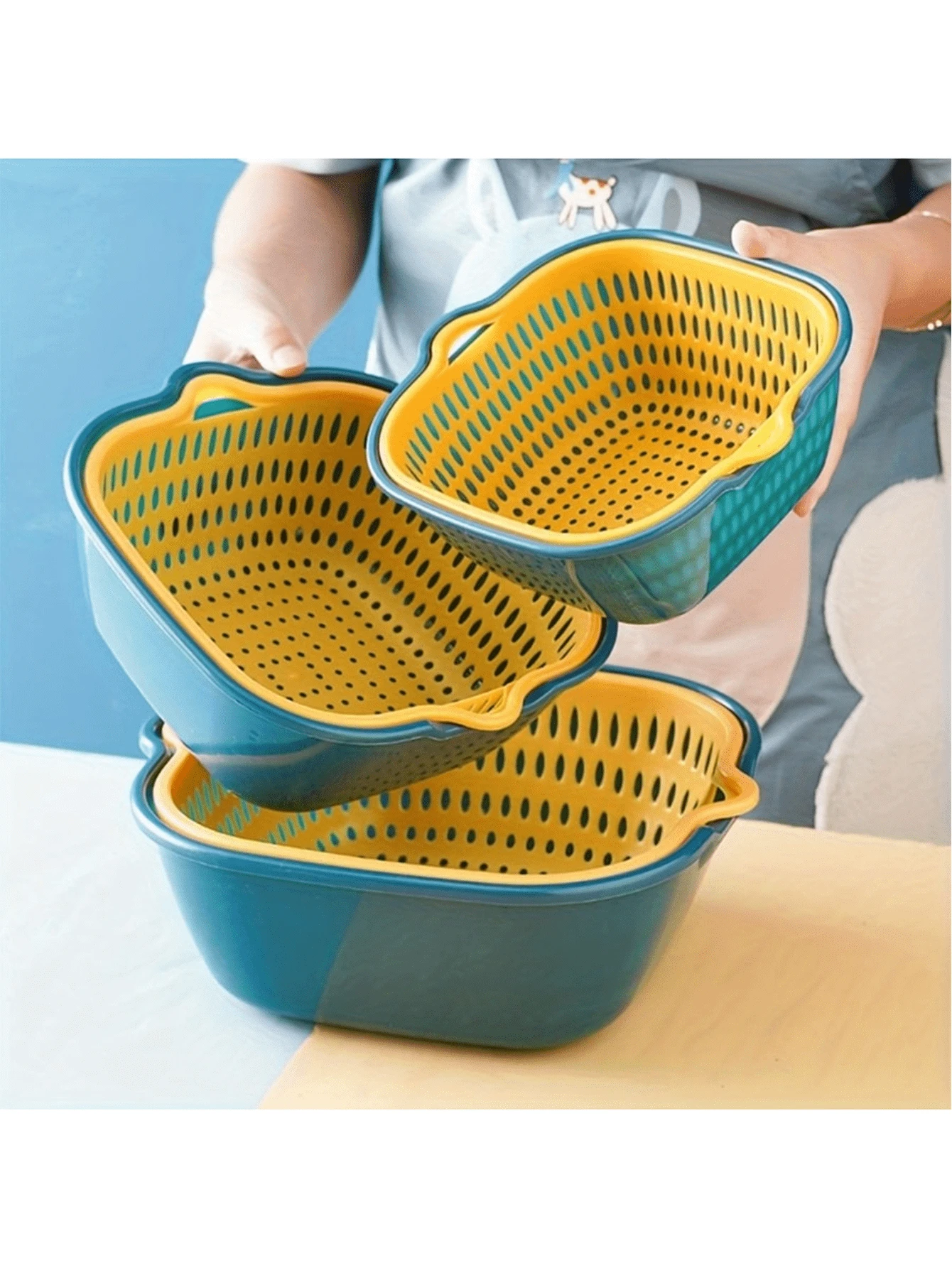 Plastic Kitchen Sink Colanders Set Of 2 Double Drain Basket For