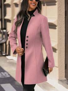 新款女式单排扣纯色夹克，优雅长袖中长款秋冬百搭外套 - 粉色 - 查看 4