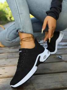 1 Pair Women's Casual Sneakers, Soft Bottom Lace-Up Low-Top Breathable Air Cushion Soft Bottom Running Shoes, Casual Sports Shoes - Black - View 2