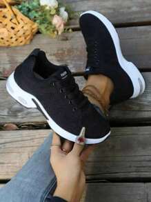 1 Pair Women's Casual Sneakers, Soft Bottom Lace-Up Low-Top Breathable Air Cushion Soft Bottom Running Shoes, Casual Sports Shoes - Black - View 5