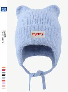 Christmas "Merry" Bear Ear Beanie Hat, Unisex, Warm & Soft Fleece Cap With Ear Protection, Windproof Tie Closure Knitted Hat For Outdoor Activities Like Winter, Ski, Cycling, Running, Hunting, Great Christmas & Halloween Gift For Family And Friends
