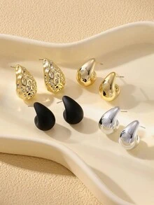 1 cặp/2 cặp/3 cặp/4 cặp/5 cặp Bông tai giọt nước cong sang trọng tối giản màu vàng, bạc, đen, hồng hồng - Vàng - Xem 8