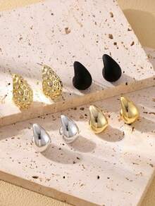 1 cặp/2 cặp/3 cặp/4 cặp/5 cặp Bông tai giọt nước cong sang trọng tối giản màu vàng, bạc, đen, hồng hồng - Vàng - Xem 7