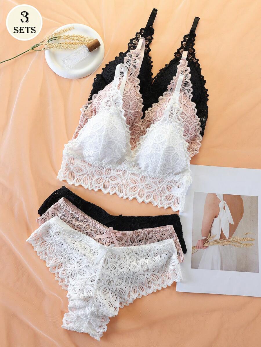 Conjunto de ropa interior sexy de estilo callejero y de moda para mujer, con encaje y sujetador embellecedor en la espalda, combinación de 3 colores, conjunto de lencería de dos piezas, conjunto de 2 piezas para mujer