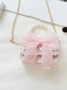1pc Girls Polyester Cartoon Bow Pattern Crossbody Bag, Cute Design For Outdoor Use