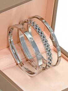 18K Gold Plated Stainless Steel Stackable Bangle Bracelet, Classic European & American Popular Chain And Four-Leaf Clover Lock Design, Cubic Zirconia Inlaid, Generous Personalized Luxury Gold Jewelry, Wedding Wrist Jewelry Set, Suitable For Girls, Women, Moms, Relatives, Friends, Beautiful Wedding, Birthday, Mother's Day, Girlfriend Valentine's Day Gift