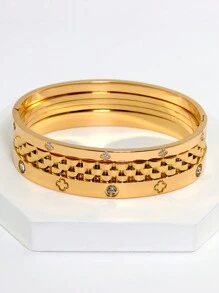 18K Gold Plated Stainless Steel Stackable Bangle Bracelet, Classic European & American Popular Chain And Four-Leaf Clover Lock Design, Cubic Zirconia Inlaid, Generous Personalized Luxury Gold Jewelry, Wedding Wrist Jewelry Set, Suitable For Girls, Women, Moms, Relatives, Friends, Beautiful Wedding, Birthday, Mother's Day, Girlfriend Valentine's Day Gift
