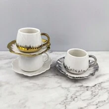 1 Set 2pcs Electroplate Gold/Silver/White Ceramic Coffee Mug & Saucer, 90ml Capacity Back To School - Multicolor - View 11