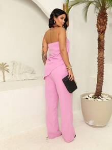 Set Of Strapless Tailored Blouse And High-Waisted Tailored Palazzo Pants - 淺粉色 - 查看 4