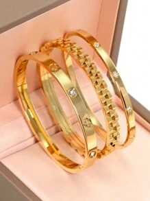 18K Gold Plated Stainless Steel Stackable Bangle Bracelet, Classic European & American Popular Chain And Four-Leaf Clover Lock Design, Cubic Zirconia Inlaid, Generous Personalized Luxury Gold Jewelry, Wedding Wrist Jewelry Set, Suitable For Girls, Women, Moms, Relatives, Friends, Beautiful Wedding, Birthday, Mother's Day, Girlfriend Valentine's Day Gift