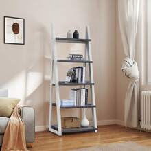 5-Tier Shelves,Bookshelf, Storage Rack, Bookcase With Rubber Wood Frame, Ladder Shelf For Living Room, Home Office, Kitchen, Bedroom, Apartment - 灰+白+橡膠木+MDF - 查看 6