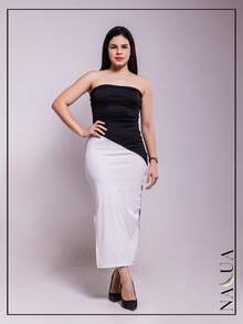 KIT 2 Long Strapless Sheath Dresses In Ribbed Fabric With Slit From P To GG With Padding And Elastic At The Back - màu đen - Xem 2