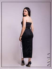 KIT 2 Long Strapless Sheath Dresses In Ribbed Fabric With Slit From P To GG With Padding And Elastic At The Back - màu đen - Xem 5