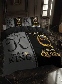 Set de 3 piezas de ropa de cama (1 funda de edredón sin relleno + 2 fundas de almohada sin núcleo), con estampado de alta definición en color negro y gris con diseño de corona, para uso en el hogar y dormitorio