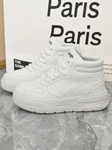 女士休闲运动鞋新款高帮帆布鞋厚底厚底滑板鞋圆头系带低帮舒适白色女鞋透气防臭个性摩托车靴情侣户外旅行度假 - 白色 - 查看 9