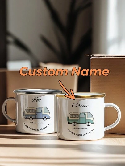 1pc 350ml Personalized Name Customized Enamel Mug, Vintage Car Design, DIY Mugs For Juice, Milk, Iced Coffee - Gift For Friends, Parents, Classmates, Holiday Decoration, Multi-Functional, Ornamental, Anti-Mold, Reusable, Easy To Clean, Adorable, High-Quality, Cute, Modern, Custom, Personalized, Unique, Ideal Gifts For Her, Her, Girlfriend, Family, Friends, Son, School Students, Workers, Kids, Dining Room, Bathroom, Living Room, Bedroom, Office, Tea Room, School, Home, Home Refresh,Office Decor
