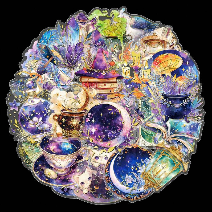 30 张神奇猫头鹰主题贴纸：日记贴纸紫色幻想铝箔贝壳装饰贴纸适用于 DIY 拼贴、手工制作、剪贴簿