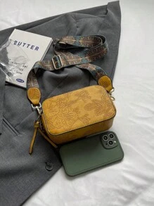 2024 新款时尚刺绣小方包高端别致百搭单肩包宽肩带斜挎包 - 芥末黃 - 查看 5