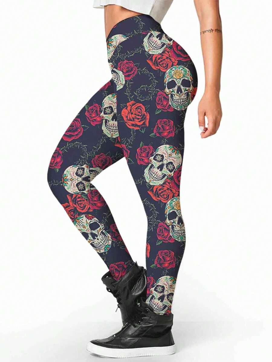 Skull Printed Leggings Skull Mexican Skull Gothic Rock Style Metal Gym Fitness - Colorful - View 1