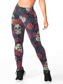 Skull Printed Leggings Skull Mexican Skull Gothic Rock Style Metal Gym Fitness - Colorful - View 3