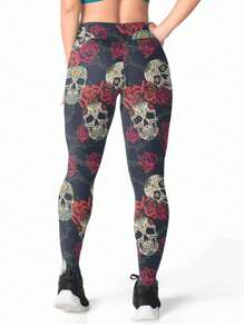 Skull Printed Leggings Skull Mexican Skull Gothic Rock Style Metal Gym Fitness - Colorful - View 2