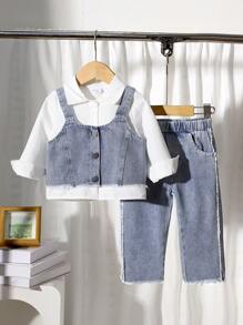 3 件套女婴领口长袖衬衫、牛仔背带裤、牛仔裤套装，春秋