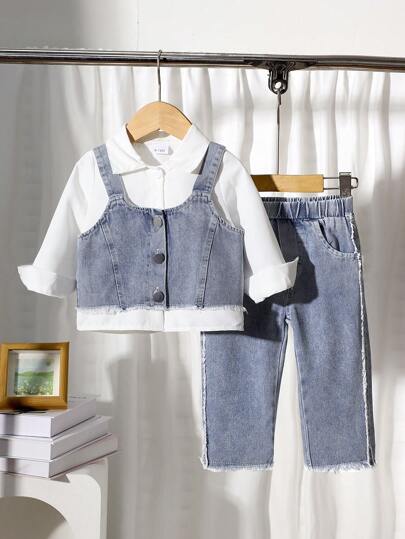 3 件套女婴领口长袖衬衫、牛仔背带裤、牛仔裤套装，春秋