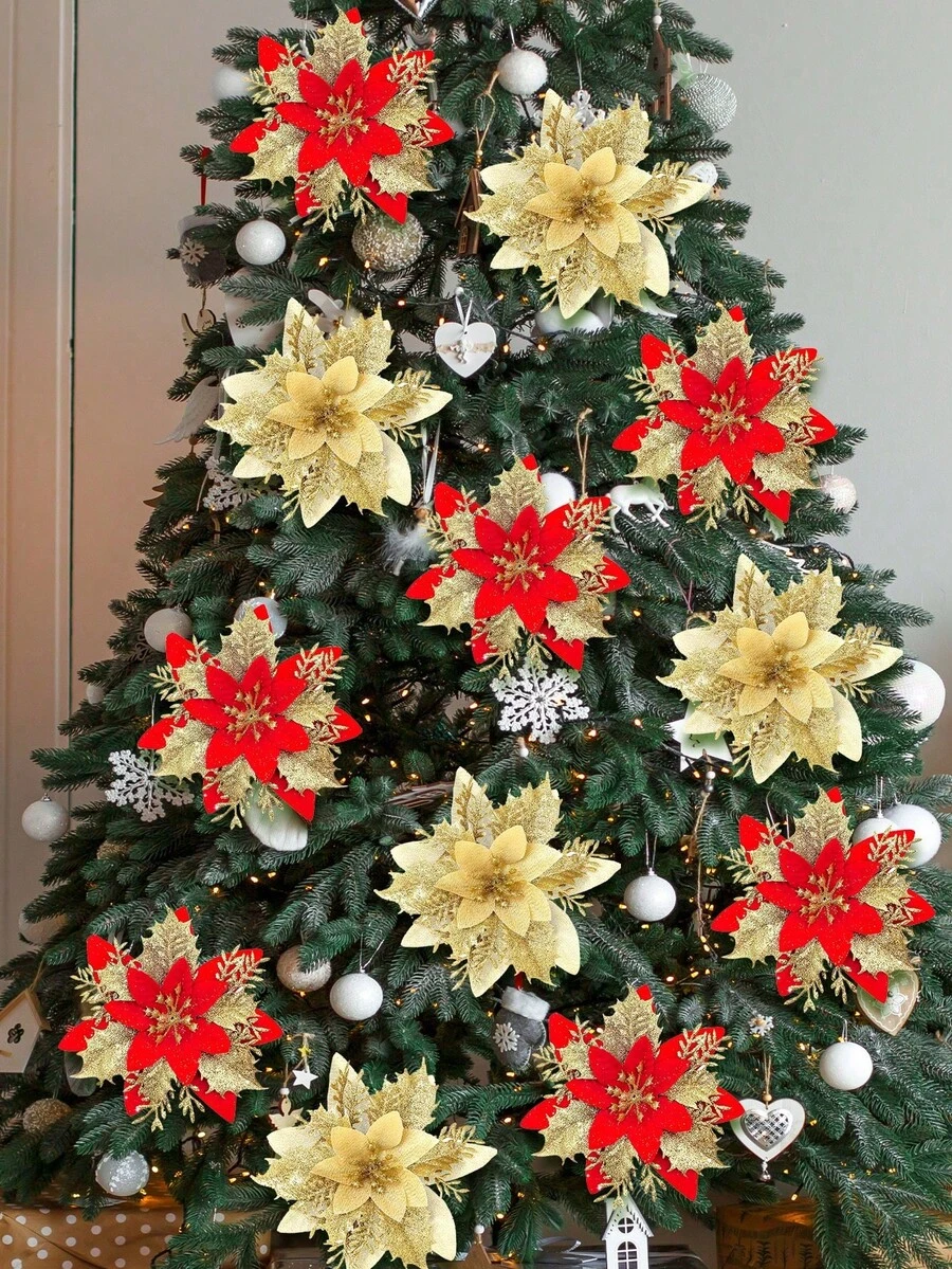 Bộ 10 hoa Giáng sinh kim loại nhiều màu sắc dùng cho cây thông Noel, vòng hoa và đồ trang trí nhà cửa, đồ trang trí hoa Giáng sinh (bao gồm 10 kẹp) - Nhiều màu - Xem 1