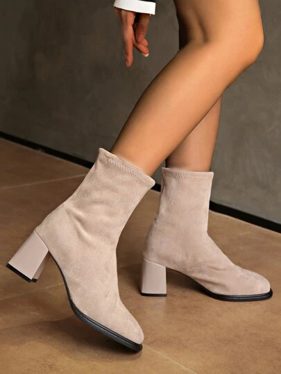 Women's Sexy Leopard Print High Heel Ankle Boots, Elastic Fabric European And American Style Booties, 2024 Fall/Winter New Party Fashion Boots, Square Toe Thick Heel Brown Boots, Suitable For Night Out And Daily Wear