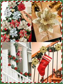 Bộ 10 hoa Giáng sinh kim loại nhiều màu sắc dùng cho cây thông Noel, vòng hoa và đồ trang trí nhà cửa, đồ trang trí hoa Giáng sinh (bao gồm 10 kẹp) - Nhiều màu - Xem 10