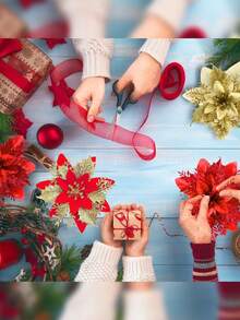 Bộ 10 hoa Giáng sinh kim loại nhiều màu sắc dùng cho cây thông Noel, vòng hoa và đồ trang trí nhà cửa, đồ trang trí hoa Giáng sinh (bao gồm 10 kẹp) - Nhiều màu - Xem 6