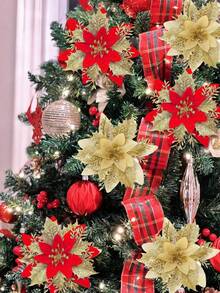 Bộ 10 hoa Giáng sinh kim loại nhiều màu sắc dùng cho cây thông Noel, vòng hoa và đồ trang trí nhà cửa, đồ trang trí hoa Giáng sinh (bao gồm 10 kẹp) - Nhiều màu - Xem 7