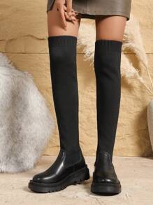 搭配毛衣，女士过膝靴，加大码，欧洲和美国风格针织拼布性感袜靴，修身高筒靴 - 彩色 - 查看 5