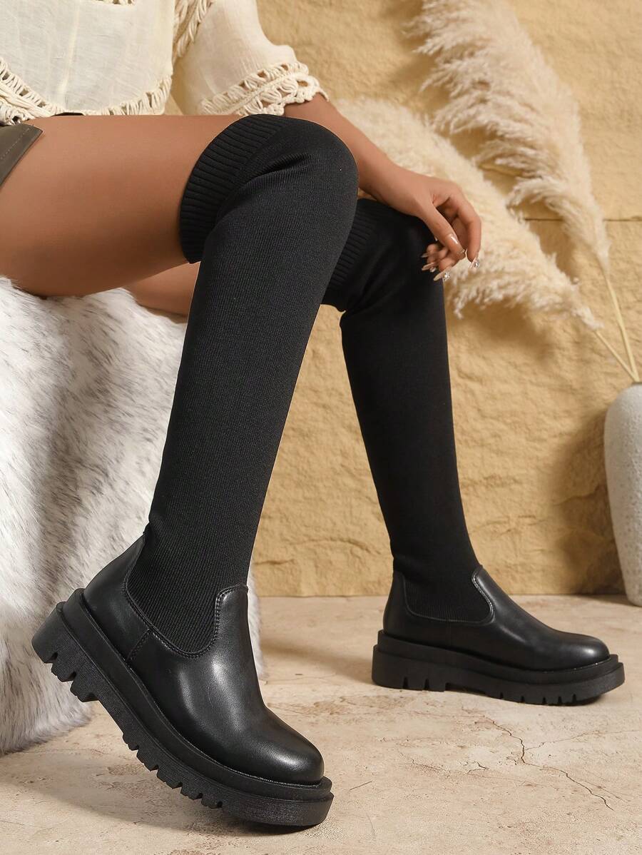 搭配毛衣，女士过膝靴，加大码，欧洲和美国风格针织拼布性感袜靴，修身高筒靴