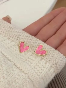 1 Pair Retro Sweet Delicate Asymmetrical Heart Design Minimal Daily Wear Earrings, Ideal Gift For Women, Autumn/Winter Valentines,Mom,Mother,Mother's Day,Gift - Pink - View 2