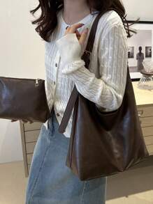 大容量女包套装2024秋冬新款，极简软面腋下包，复古通勤斜挎包2件套 - 咖啡棕 - 查看 4