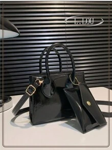 2入組女士迷你時尚夜光專利皮肩手袋，附零錢包，多功能 - 黑色 - 查看 2