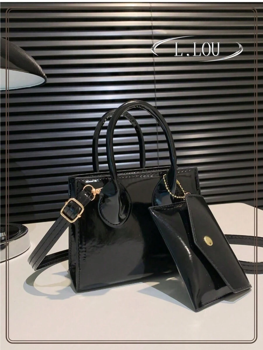 2入組女士迷你時尚夜光專利皮肩手袋，附零錢包，多功能