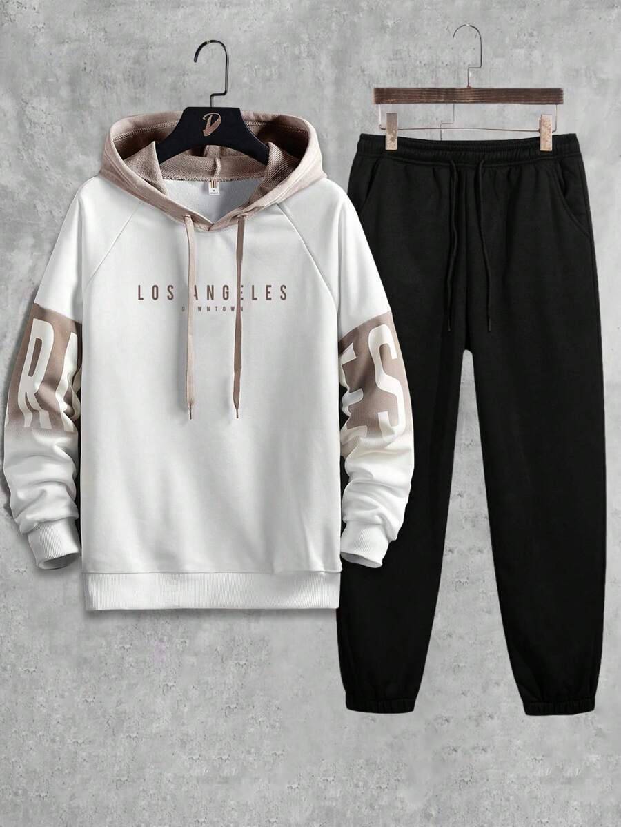 2 件套男士时尚连帽羊毛运动服秋冬季 - 白色 - 查看 1