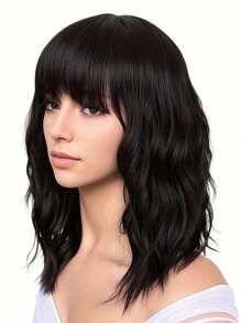 14 Inch Wavy Synthetic Wig With Bangs Short Bob  Wigs Curly Wavy Shoulder Length  Wig Daily Colorful Wig - Black - View 14